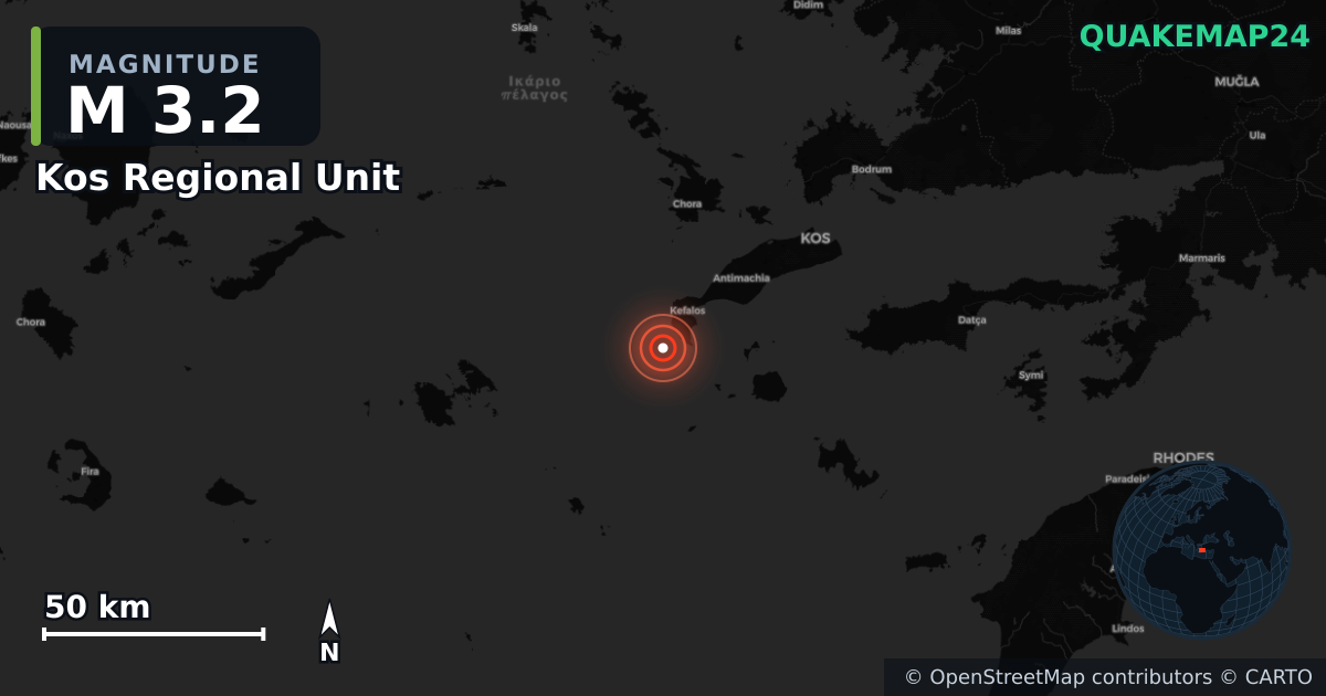 M3.2 earthquake near Kos Regional Unit on Jul 28, 2026 — map of epicenter and shaking intensity | QuakeMap24