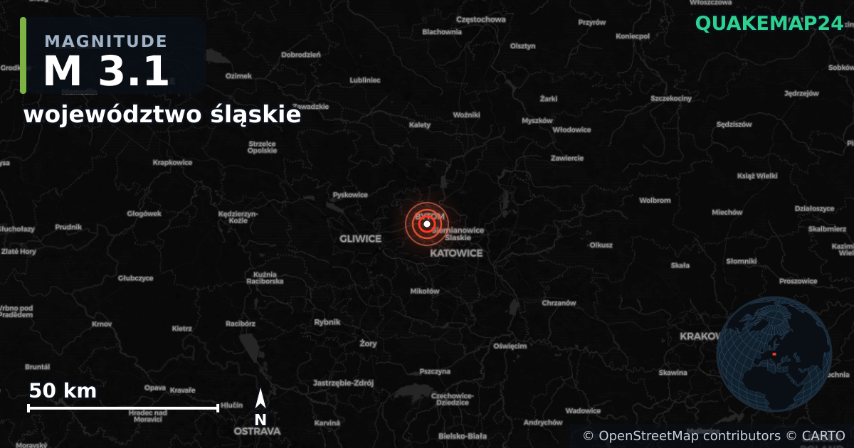 M3.1 earthquake near województwo śląskie on Dec 18, 2025 — map of epicenter and shaking intensity | QuakeMap24