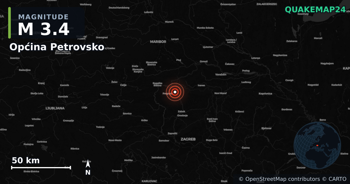 M3.4 earthquake near Općina Petrovsko on Oct 3, 2025 — map of epicenter and shaking intensity | QuakeMap24
