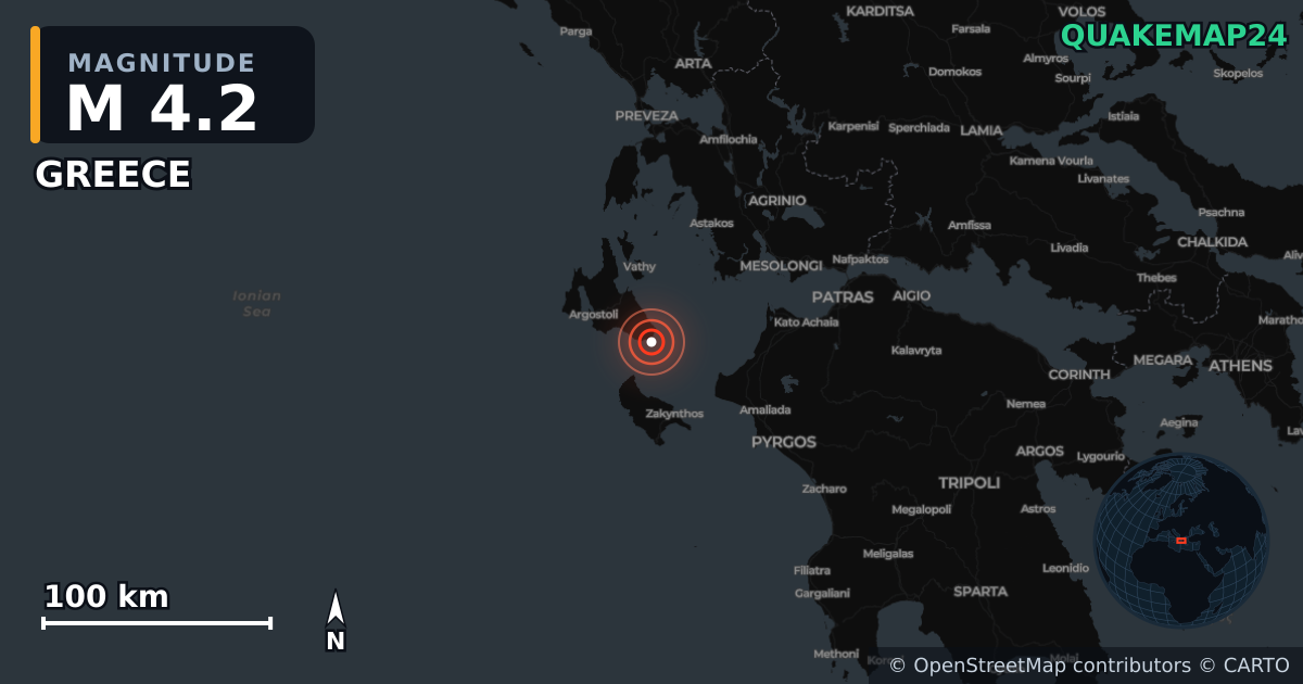 GREECE yakınında M4,2 deprem · 2026-03-29 — Deprem merkez üssünün konumunu gösteren harita