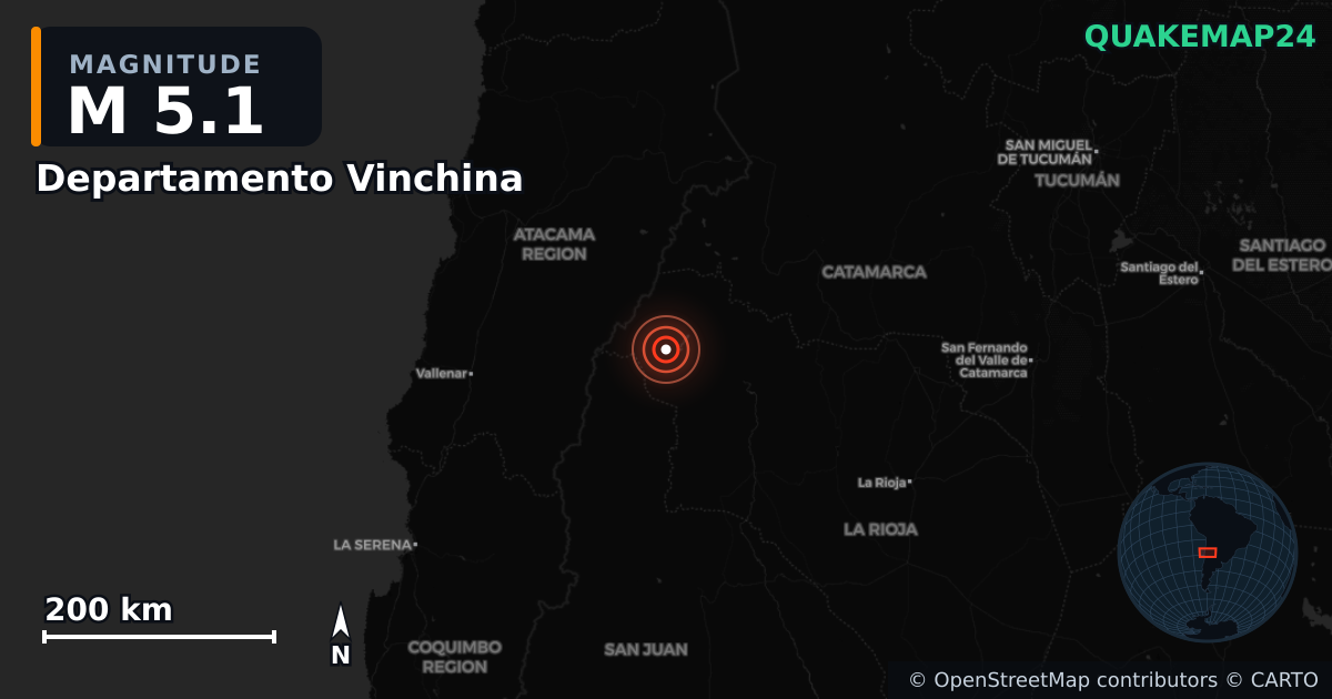M5.1 earthquake near Departamento Vinchina on Jul 3, 2026 — map of epicenter and shaking intensity | QuakeMap24
