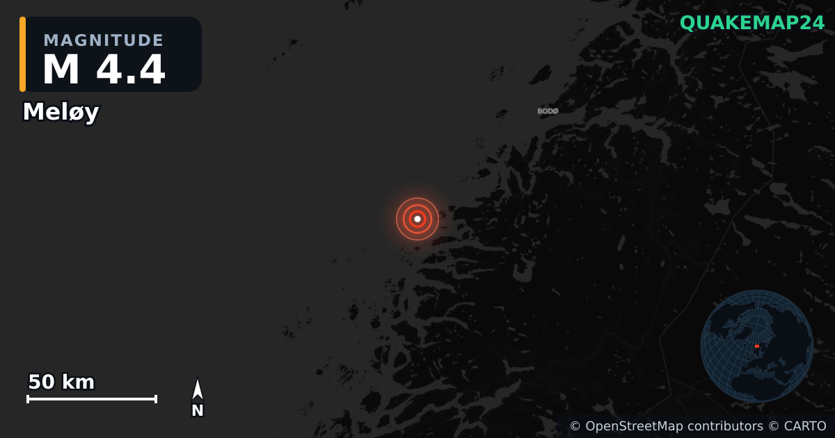 M4.4 earthquake near Meløy on Aug 19, 2026 — map of epicenter and shaking intensity | QuakeMap24