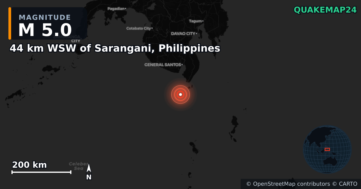 M5.0 earthquake near 44 km WSW of Sarangani, Philippines on Jun 8, 2026 — map of epicenter and shaking intensity | QuakeMap24