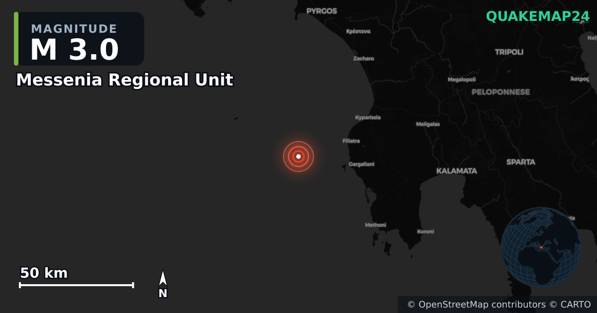 Erdbeben M3,0 bei Messenia Regional Unit, Peloponnese Region (Griechenland) · 2026-09-18 — Karte der Lage des Epizentrums