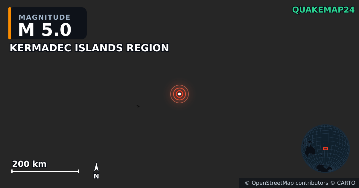 M5.0 earthquake near KERMADEC ISLANDS REGION on Jul 31, 2026 — map of epicenter and shaking intensity | QuakeMap24