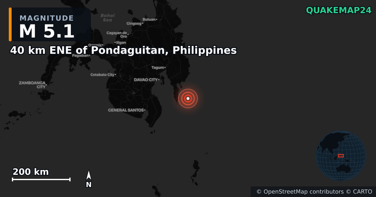 M5.1 earthquake near 40 km ENE of Pondaguitan, Philippines on Jan 5, 2025 — map of epicenter and shaking intensity | QuakeMap24