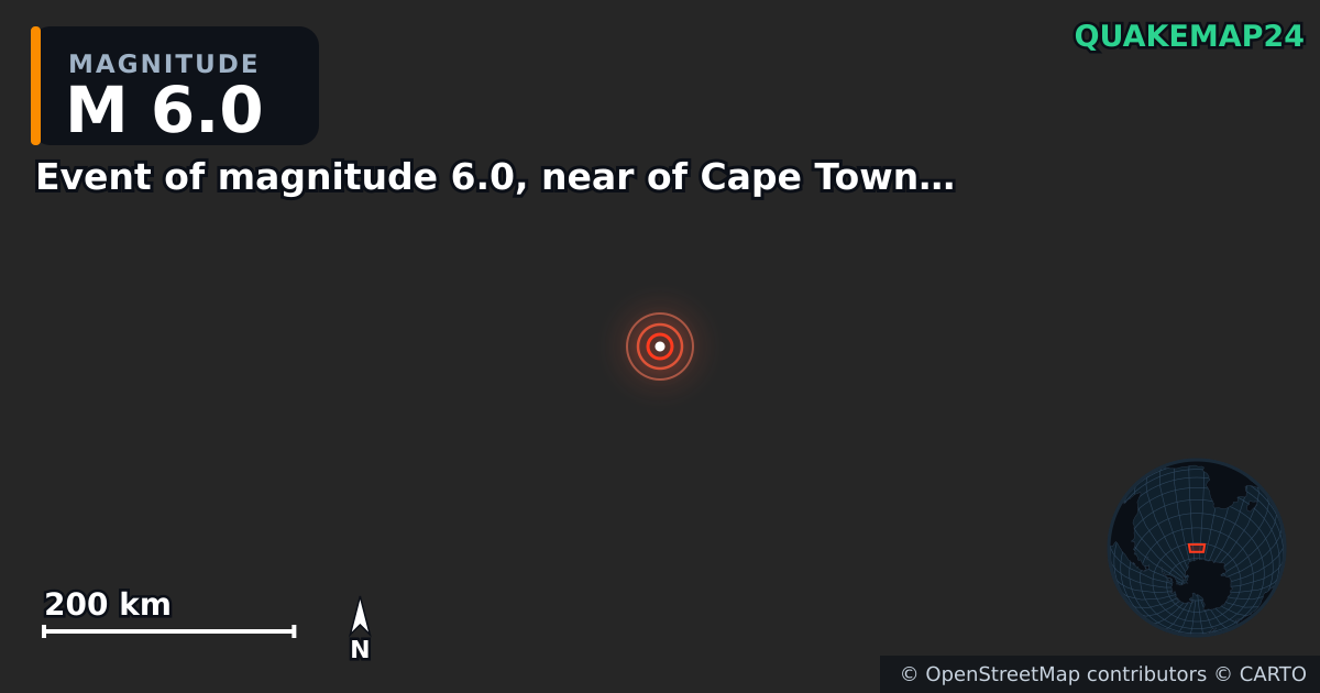 Event of magnitude 6.0, near of Cape Town (Monde) yakınında M6,0 deprem — Deprem merkez üssünün konumunu gösteren harita