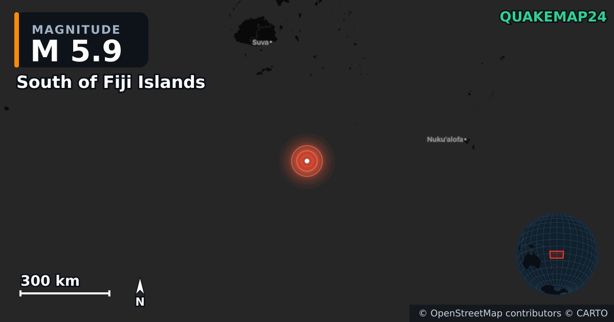M5.9 earthquake near South of Fiji Islands on Feb 22, 2026 — map of epicenter and shaking intensity | QuakeMap24