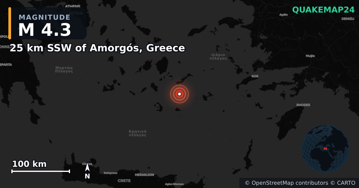 M4.3 earthquake near 25 km SSW of Amorgós, Greece on Feb 17, 2025 — map of epicenter and shaking intensity | QuakeMap24
