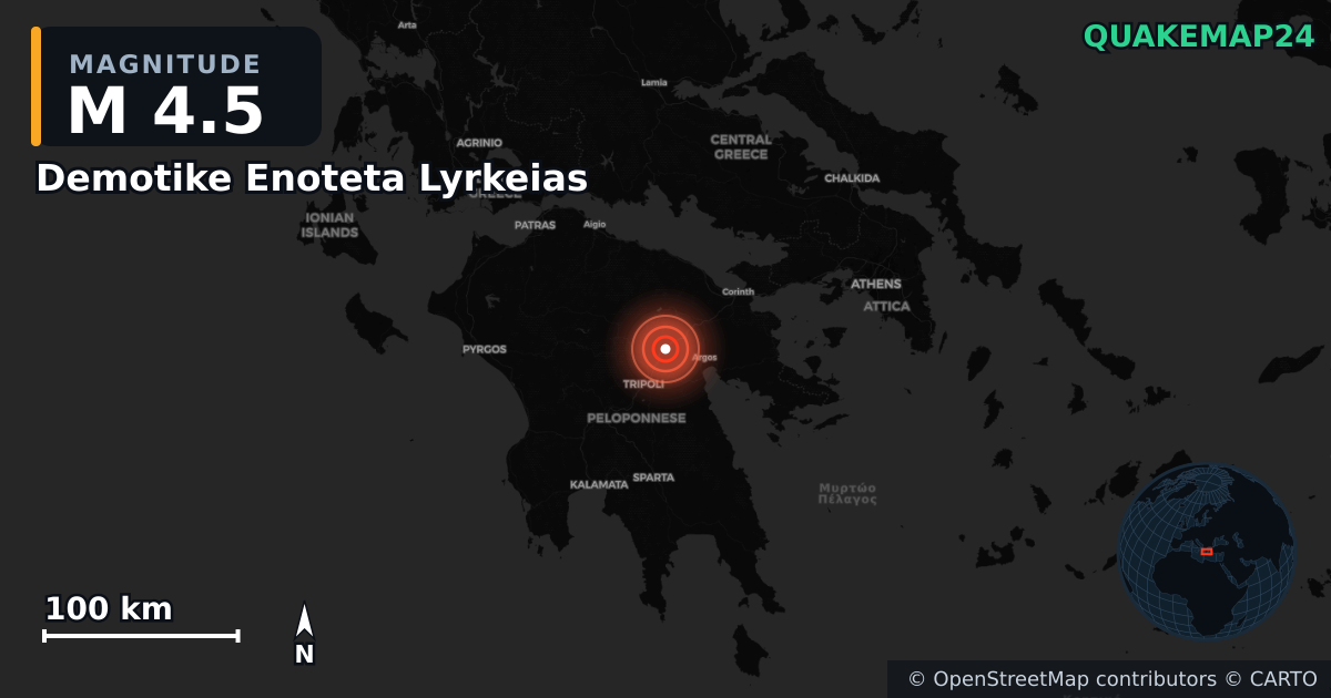 M4.5 earthquake near Demotike Enoteta Lyrkeias on Feb 16, 2026 — map of epicenter and shaking intensity | QuakeMap24