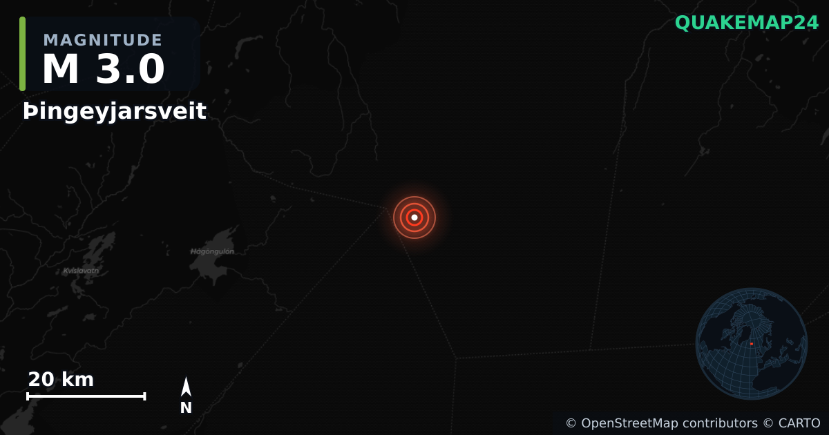 M3.0 earthquake near Þingeyjarsveit on Jan 23, 2026 — map of epicenter and shaking intensity | QuakeMap24