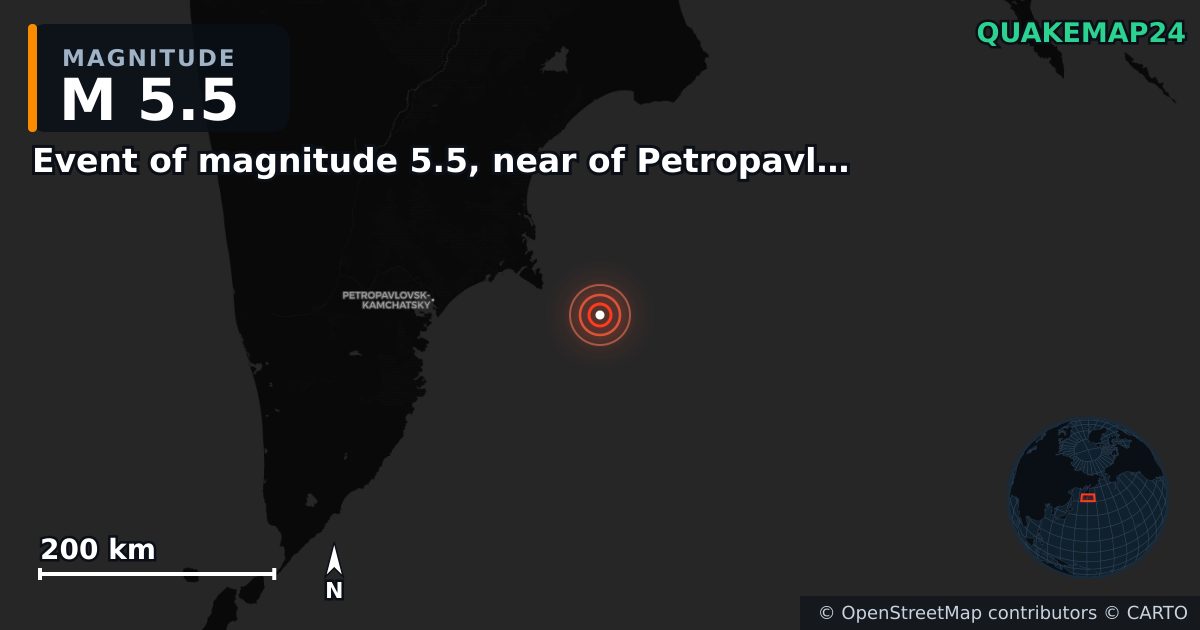 M5.5 earthquake near Event of magnitude 5.5, near of Petropavlovsk Kamchatskiy (Monde) on Sep 18, 2025 — map of epicenter and shaking intensity | QuakeMap24
