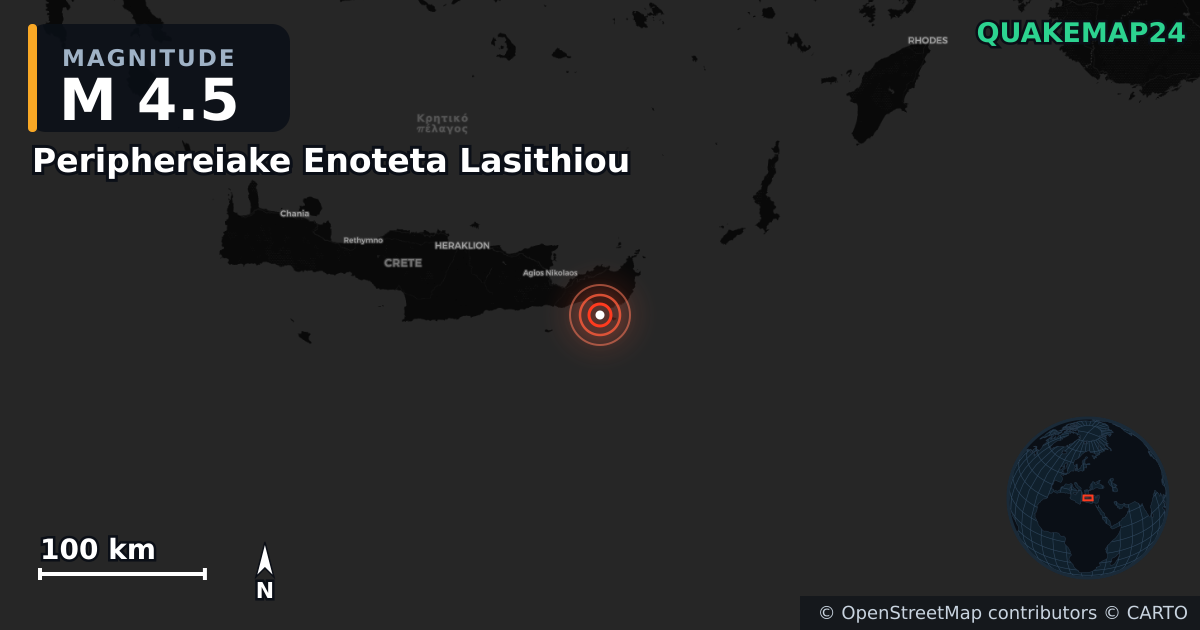 M4.5 earthquake near Periphereiake Enoteta Lasithiou on Apr 24, 2026 — map of epicenter and shaking intensity | QuakeMap24