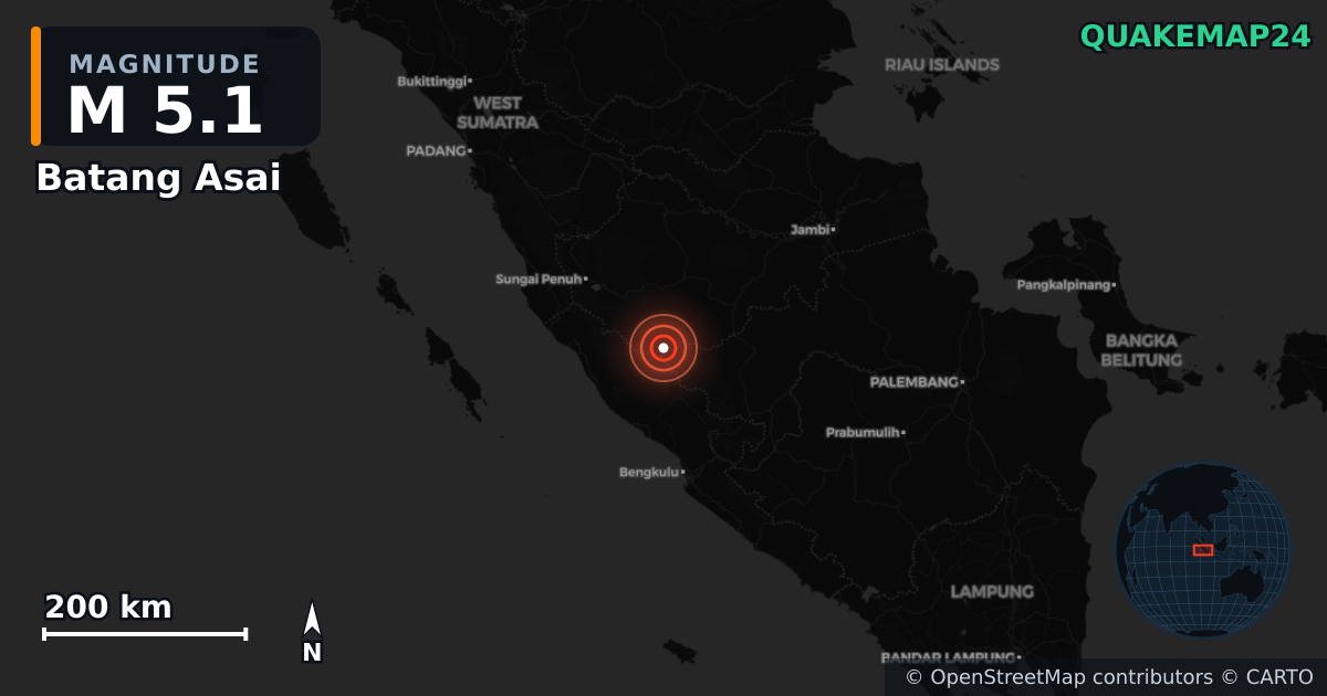 Erdbeben M5,1 bei Batang Asai, Jambi (Indonesien) · 2026-01-19 — Karte der Lage des Epizentrums