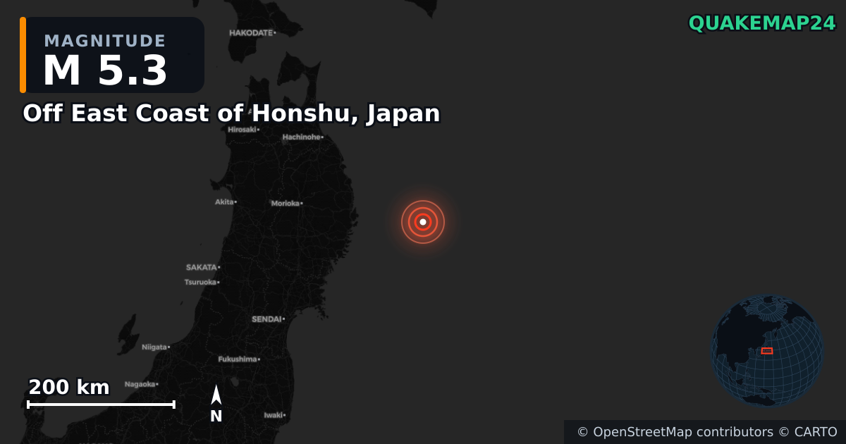 M5.3 earthquake near Off East Coast of Honshu, Japan on Mar 8, 2026 — map of epicenter and shaking intensity | QuakeMap24