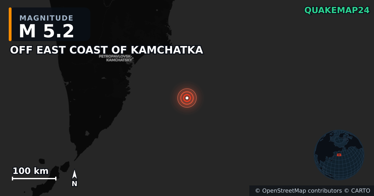 M5.2 earthquake near OFF EAST COAST OF KAMCHATKA on Sep 4, 2025 — map of epicenter and shaking intensity | QuakeMap24