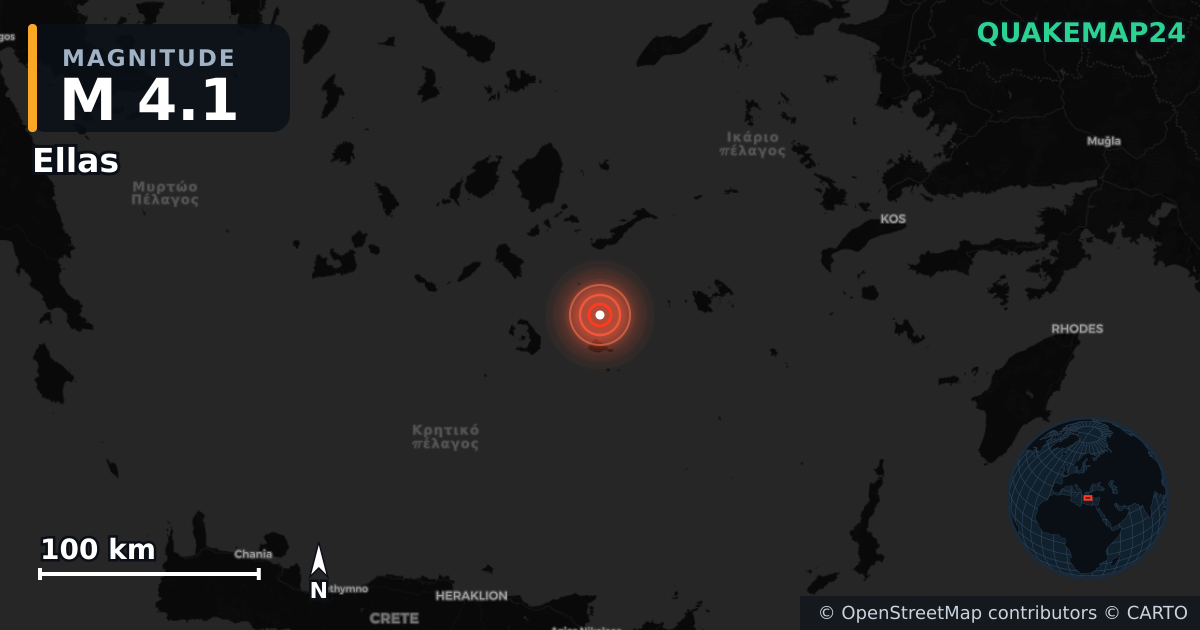 M4.1 earthquake near Ellas on May 29, 2026 — map of epicenter and shaking intensity | QuakeMap24