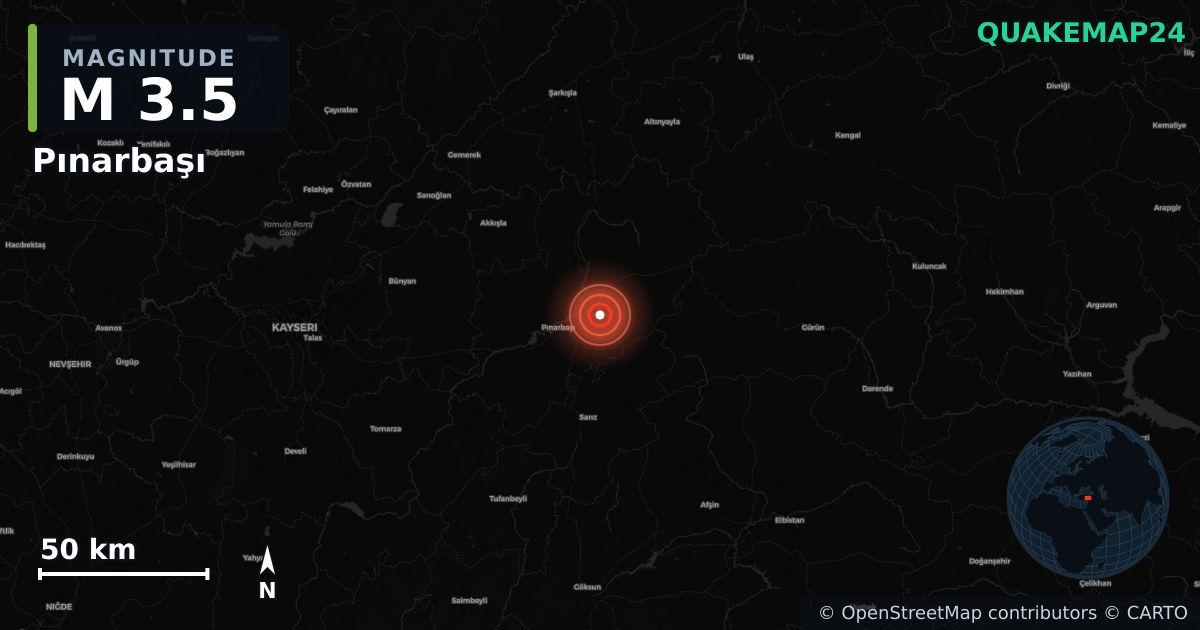 Sismo de M3,5 perto de Pınarbaşı, Kayseri (Turquia) · 2026-06-15 — Mapa da localização do epicentro