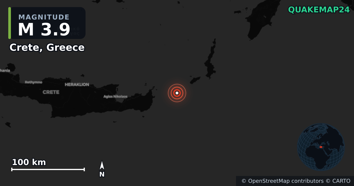 M3.9 earthquake near Crete, Greece on May 23, 2026 — map of epicenter and shaking intensity | QuakeMap24