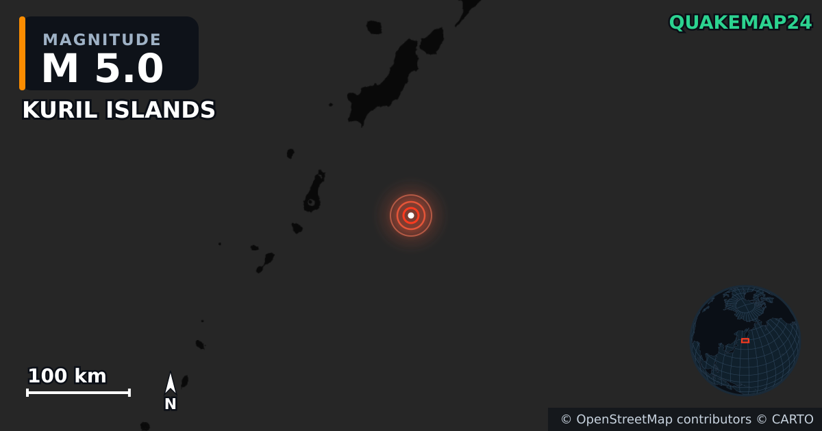 M5.0 earthquake near KURIL ISLANDS on Jan 10, 2026 — map of epicenter and shaking intensity | QuakeMap24