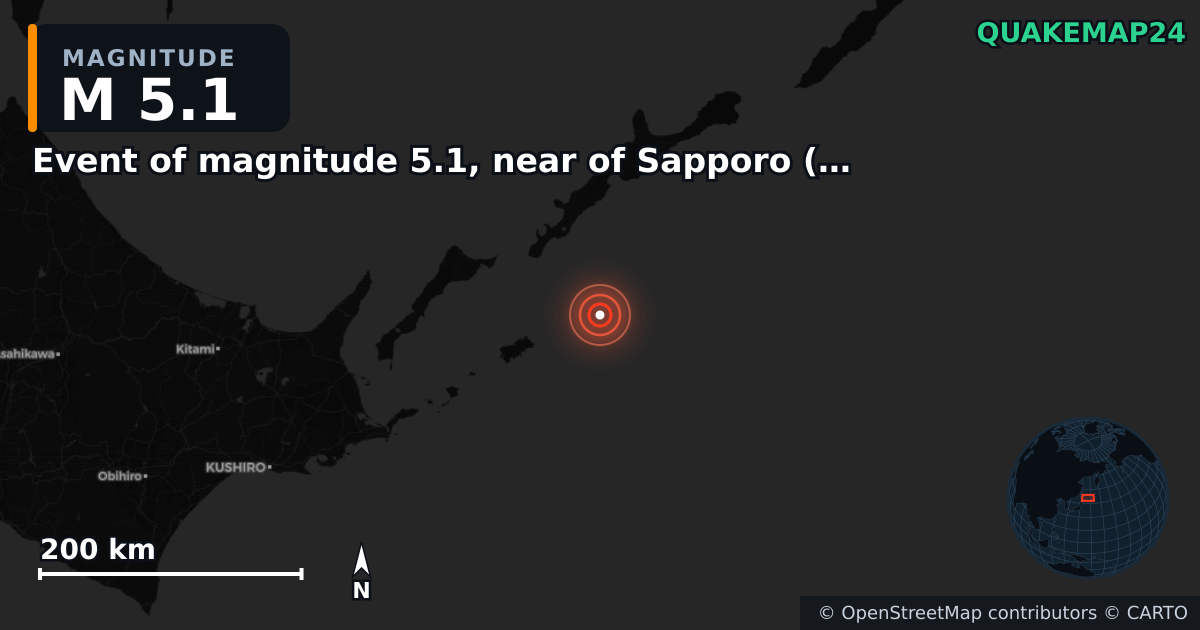 M5.1 earthquake near Event of magnitude 5.1, near of Sapporo (Monde) on Dec 21, 2025 — map of epicenter and shaking intensity | QuakeMap24