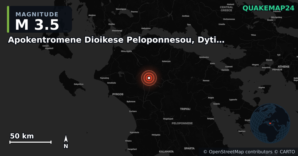 M3.5 earthquake near Apokentromene Dioikese Peloponnesou, Dytikes Elladas kai Ioniou on Aug 31, 2025 — map of epicenter and shaking intensity | QuakeMap24