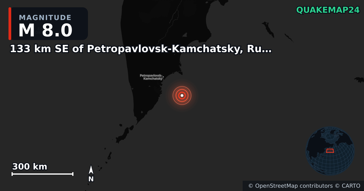 M8.0 earthquake near 133 km SE of Petropavlovsk-Kamchatsky, Russia on Jul 29, 2025 — map of epicenter and shaking intensity | QuakeMap24