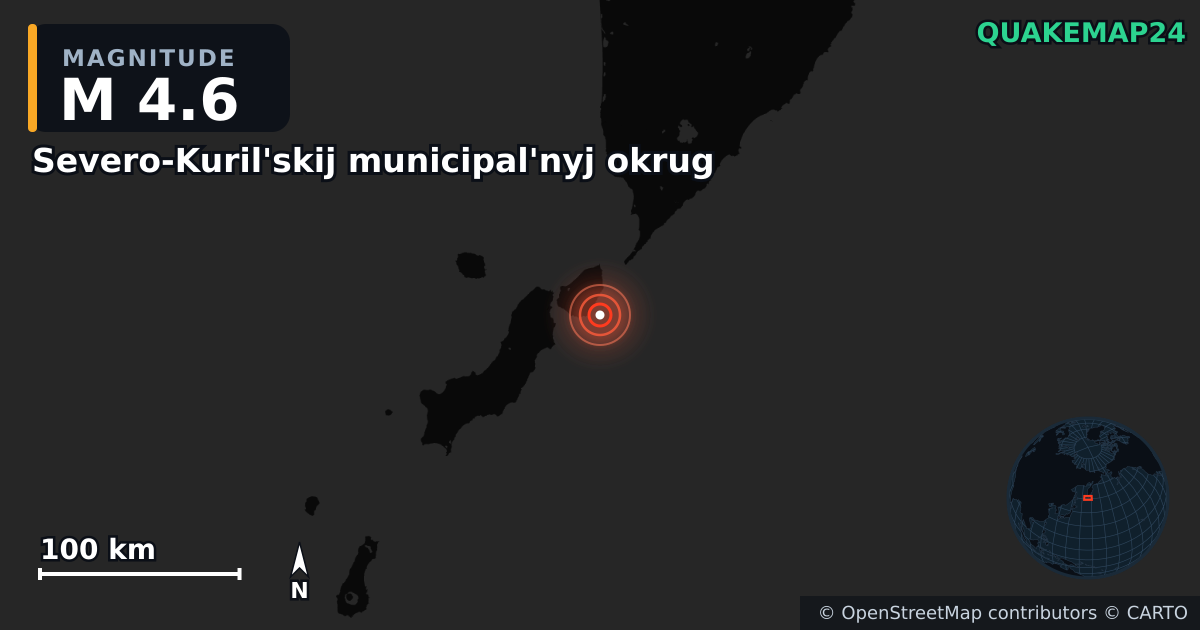 M4.6 earthquake near Severo-Kuril'skij municipal'nyj okrug on May 1, 2026 — map of epicenter and shaking intensity | QuakeMap24
