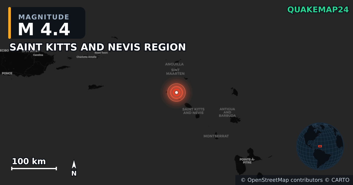 M4.4 earthquake near SAINT KITTS AND NEVIS REGION on Aug 5, 2025 — map of epicenter and shaking intensity | QuakeMap24