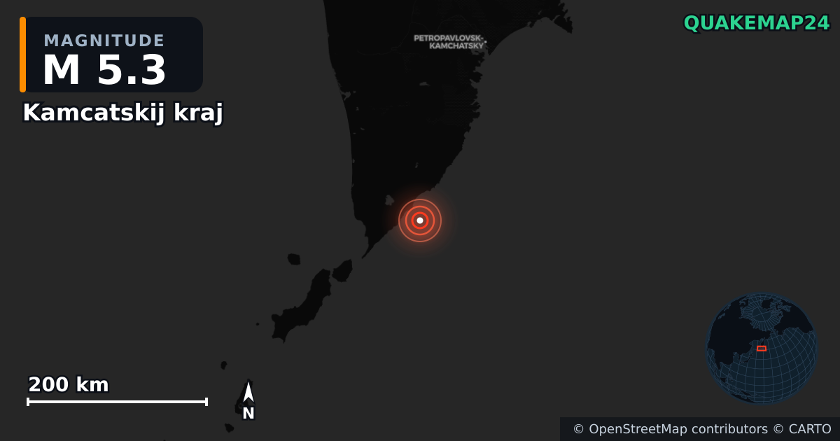 M5.3 earthquake near Kamcatskij kraj on Aug 10, 2025 — map of epicenter and shaking intensity | QuakeMap24