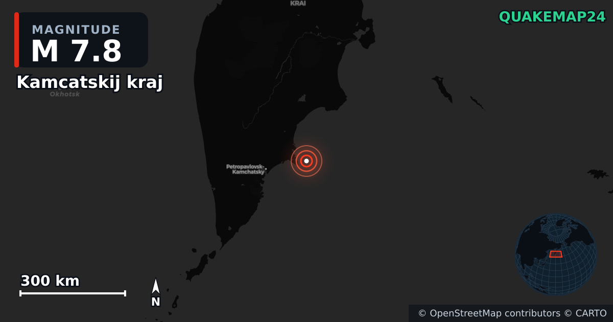 M7.8 earthquake near Kamcatskij kraj on Sep 18, 2025 — map of epicenter and shaking intensity | QuakeMap24