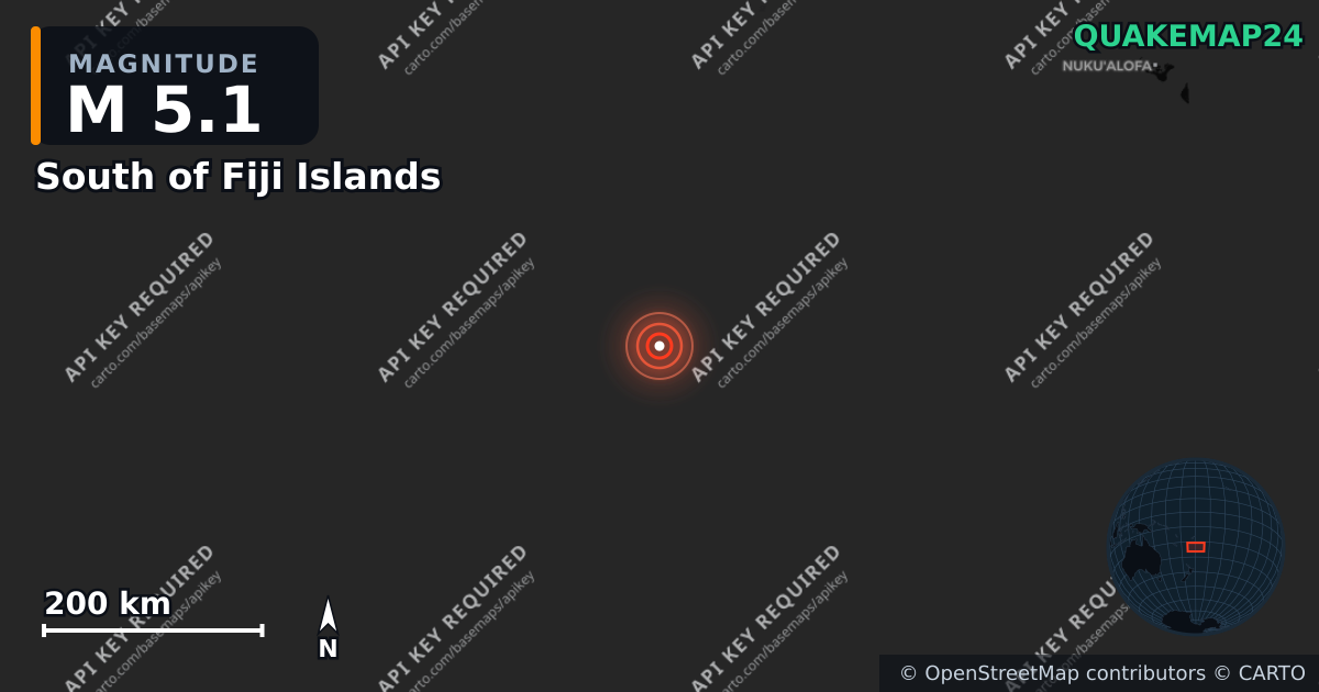 M5.1 earthquake near South of Fiji Islands on Jun 24, 2025 — map of epicenter and shaking intensity | QuakeMap24