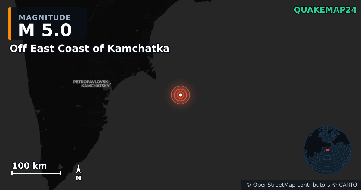 M5.0 earthquake near Off East Coast of Kamchatka on Jul 31, 2025 — map of epicenter and shaking intensity | QuakeMap24