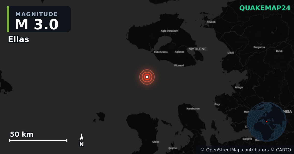 M3.0 earthquake near Ellas on Sep 19, 2025 — map of epicenter and shaking intensity | QuakeMap24