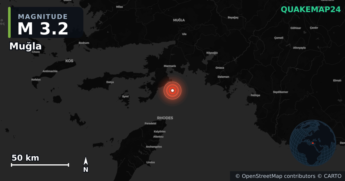 M3.2 earthquake near Muğla on Jul 29, 2026 — map of epicenter and shaking intensity | QuakeMap24
