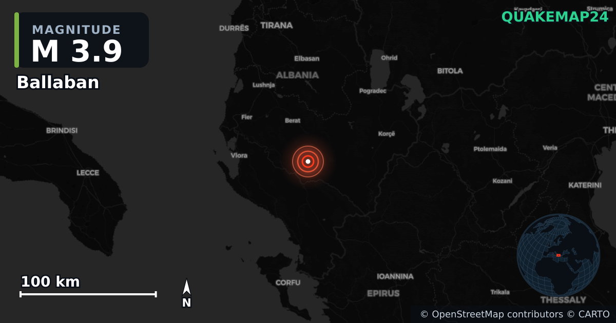 M3.9 earthquake near Ballaban on Oct 19, 2025 — map of epicenter and shaking intensity | QuakeMap24