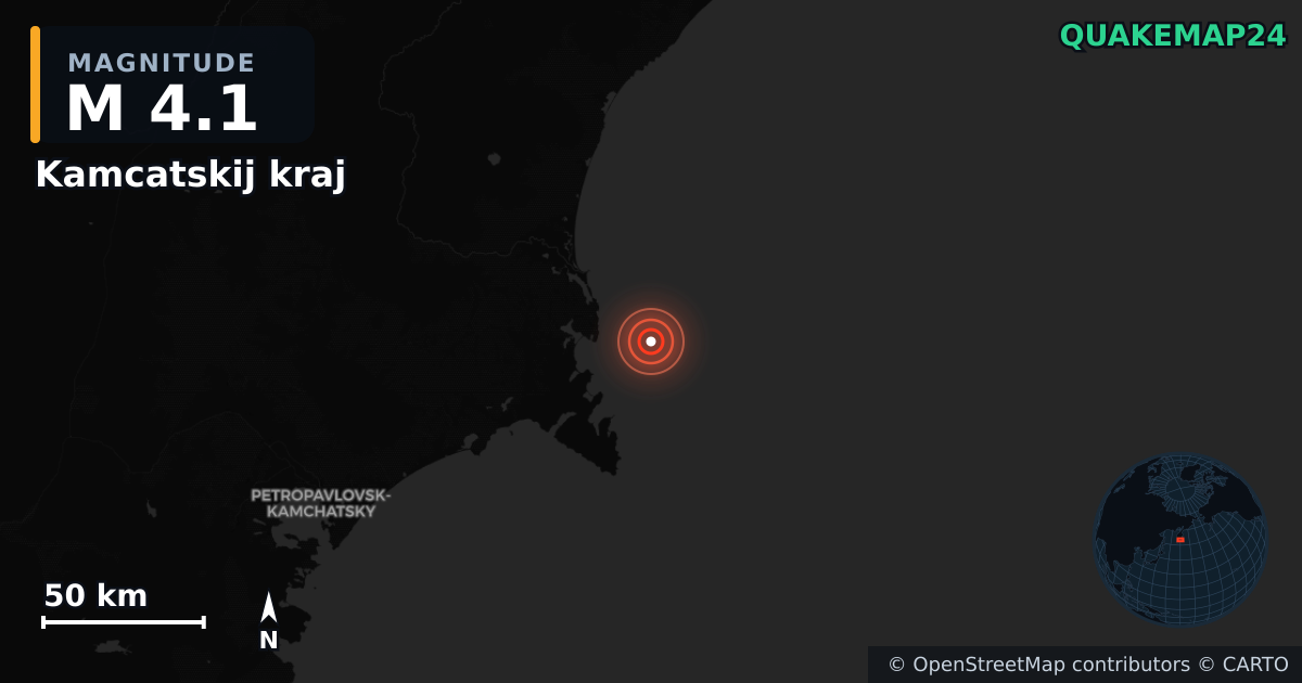 M4.1 earthquake near Kamcatskij kraj on Sep 13, 2025 — map of epicenter and shaking intensity | QuakeMap24