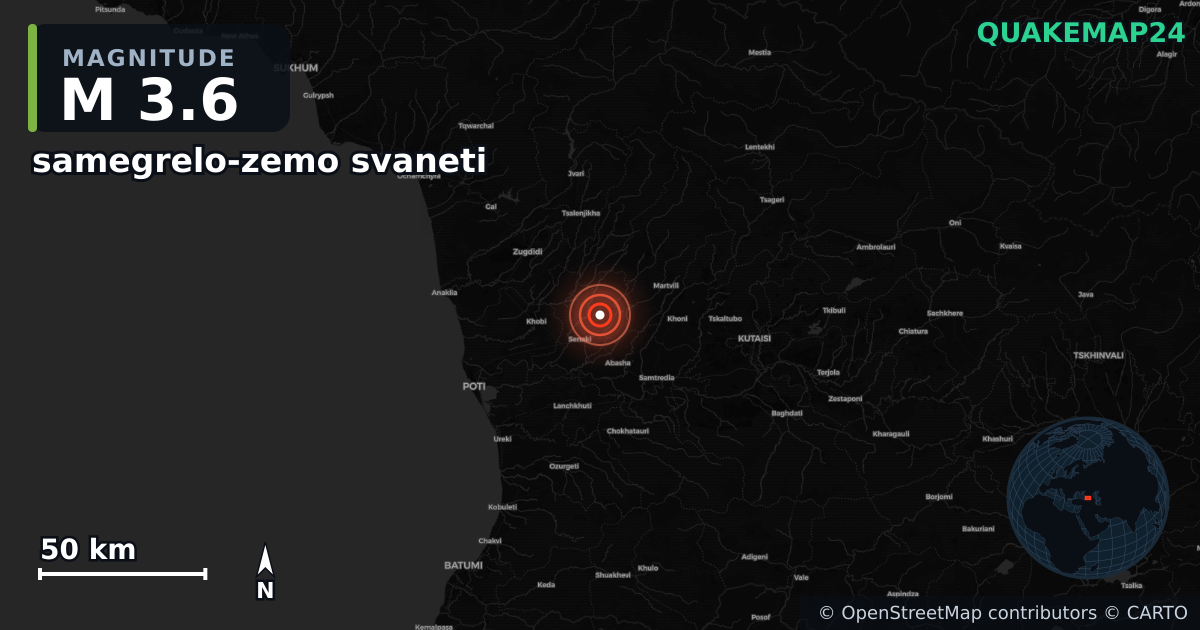 M3.6 earthquake near samegrelo-zemo svaneti on Aug 20, 2025 — map of epicenter and shaking intensity | QuakeMap24