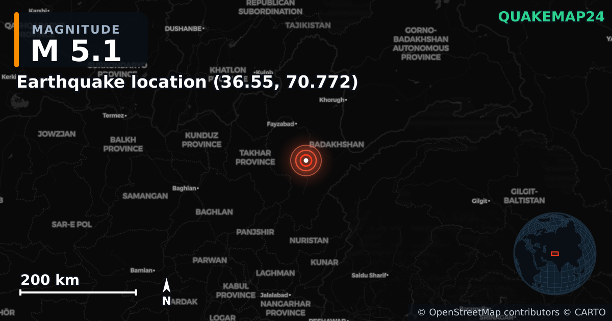 M5.1 earthquake near Earthquake location (36.55, 70.772) on May 18, 2025 — map of epicenter and shaking intensity | QuakeMap24