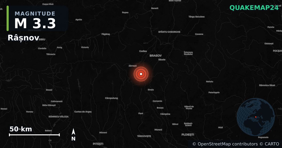 M3.3 earthquake near Râșnov on Oct 9, 2025 — map of epicenter and shaking intensity | QuakeMap24