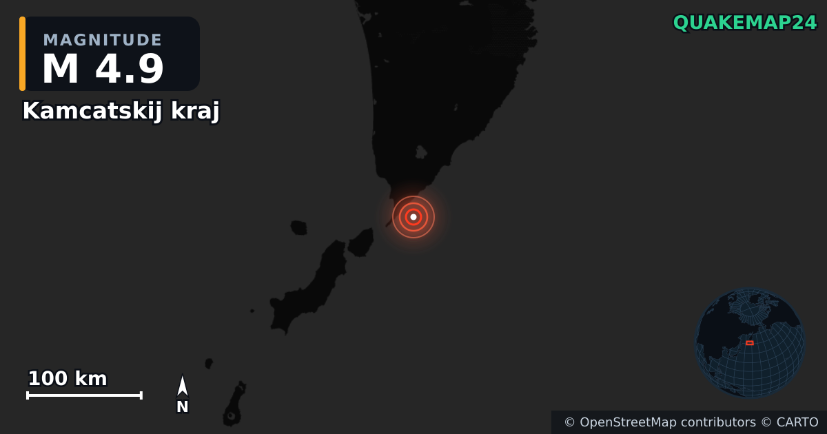 M4.9 earthquake near Kamcatskij kraj on Aug 12, 2025 — map of epicenter and shaking intensity | QuakeMap24