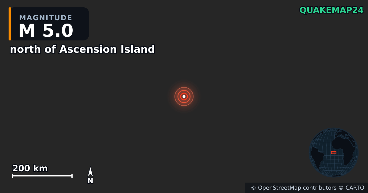 M5.0 earthquake near north of Ascension Island on Aug 2, 2026 — map of epicenter and shaking intensity | QuakeMap24