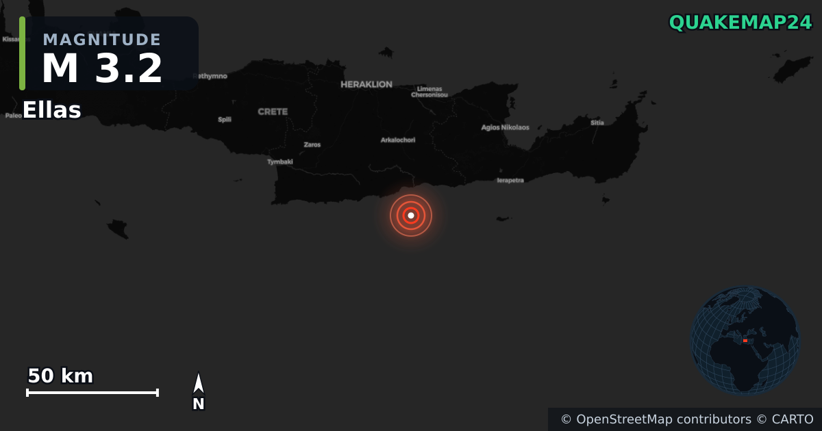M3.2 earthquake near Ellas on Nov 15, 2025 — map of epicenter and shaking intensity | QuakeMap24