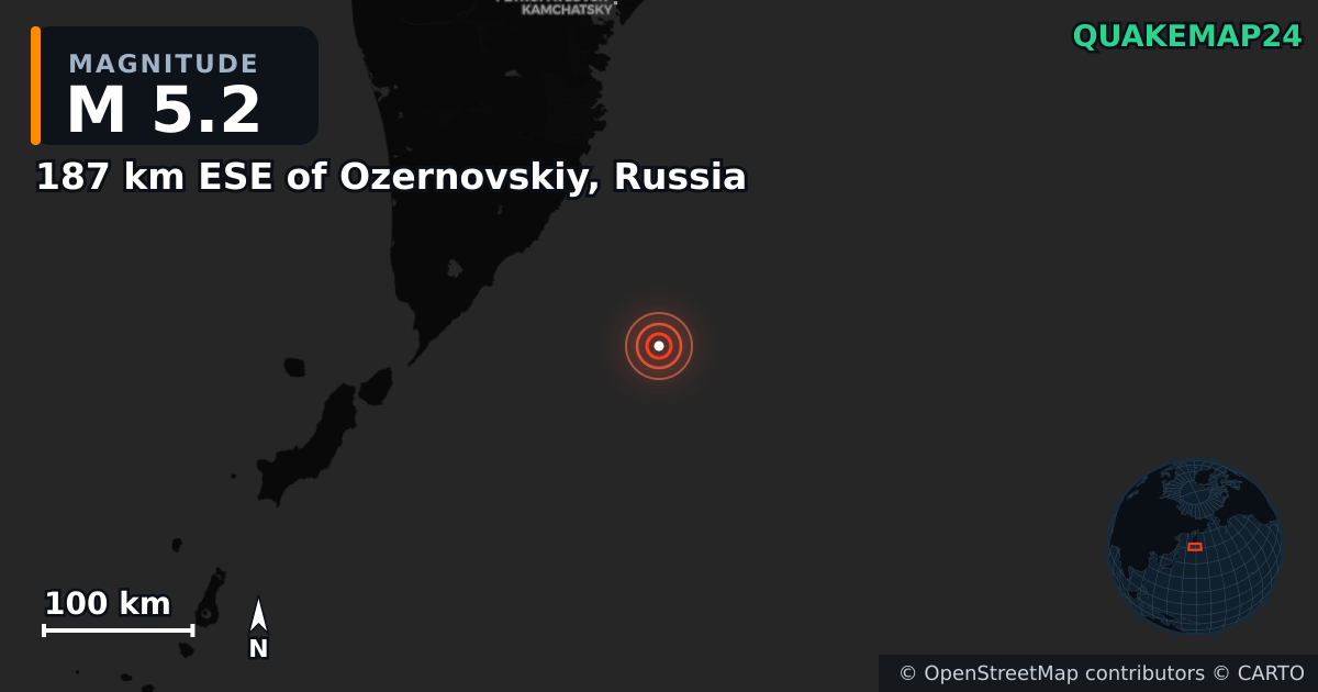 M5.2 earthquake near 187 km ESE of Ozernovskiy, Russia on Jul 30, 2025 — map of epicenter and shaking intensity | QuakeMap24
