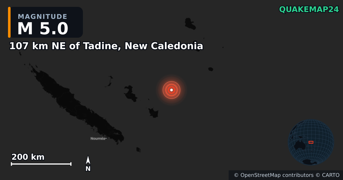M5.0 earthquake near 107 km NE of Tadine, New Caledonia on Jan 22, 2025 — map of epicenter and shaking intensity | QuakeMap24