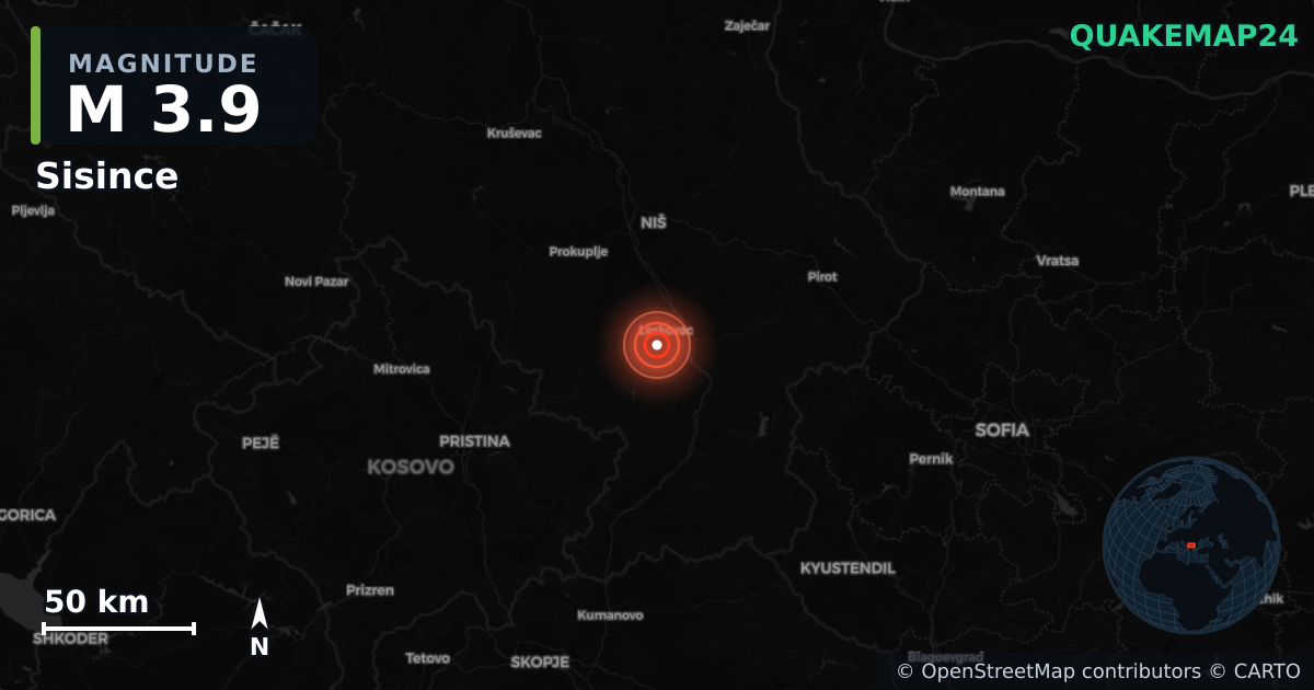 M3.9 earthquake near Sisince on Jul 1, 2026 — map of epicenter and shaking intensity | QuakeMap24