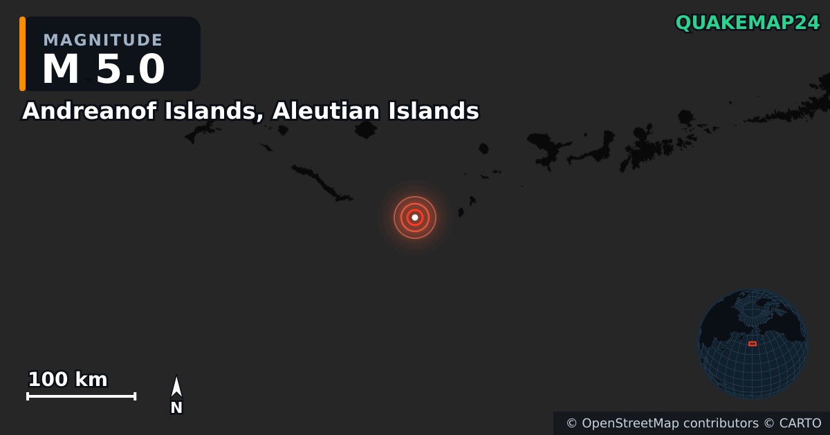 M5.0 earthquake near Andreanof Islands, Aleutian Islands on Oct 11, 2025 — map of epicenter and shaking intensity | QuakeMap24