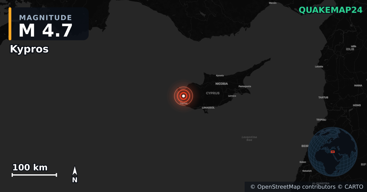M4.7 earthquake near Kypros on Nov 12, 2025 — map of epicenter and shaking intensity | QuakeMap24