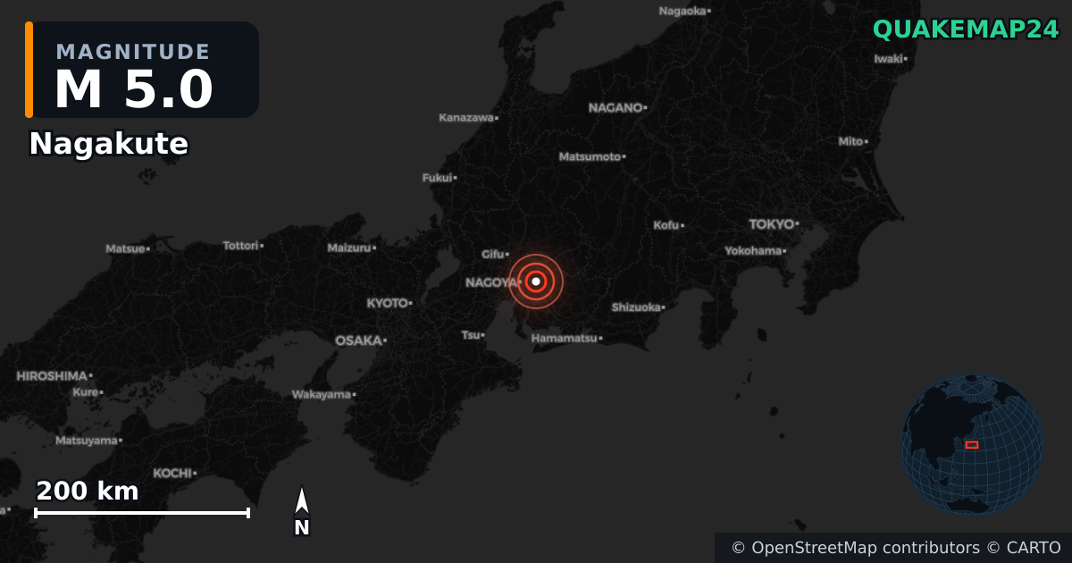 M5.0 earthquake near Nagakute on Aug 17, 2026 — map of epicenter and shaking intensity | QuakeMap24