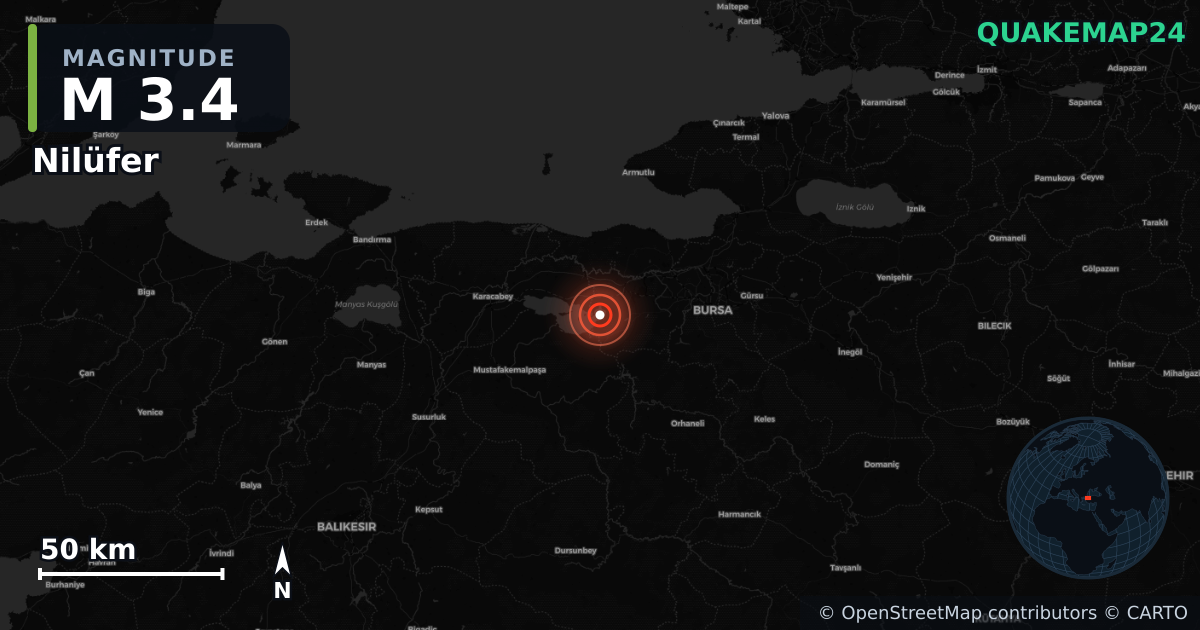 M3.4 earthquake near Nilüfer on Jul 2, 2025 — map of epicenter and shaking intensity | QuakeMap24